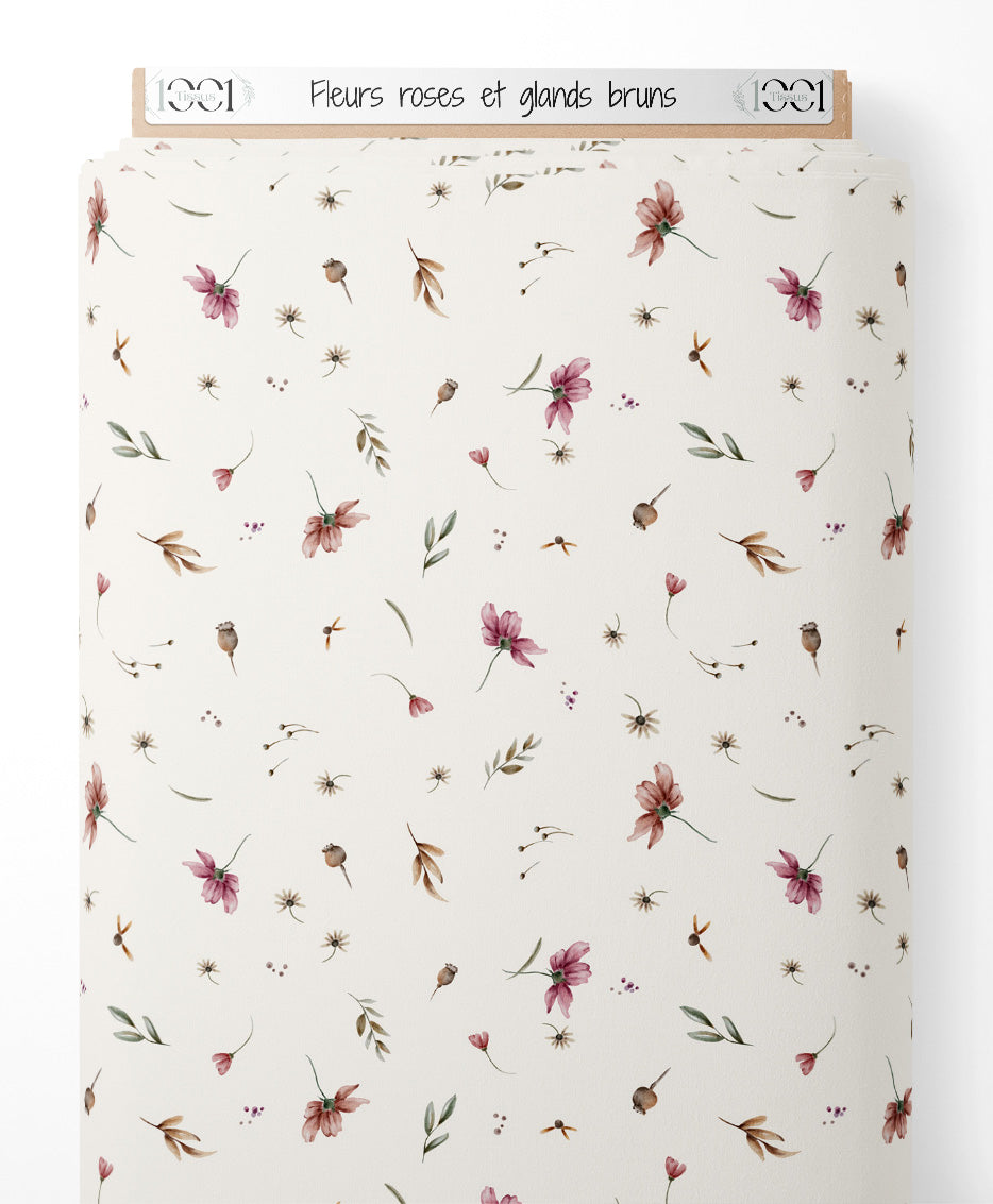 Tissu - Fleurs roses et glands bruns