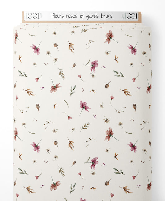 Tissu - Fleurs roses et glands bruns