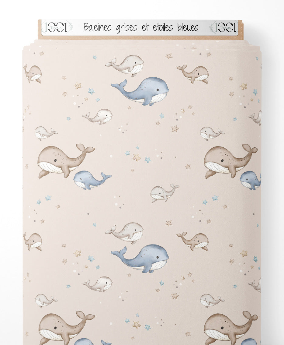 Tissu - Baleines grises et étoiles bleues