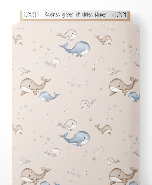 Tissu - Baleines grises et étoiles bleues
