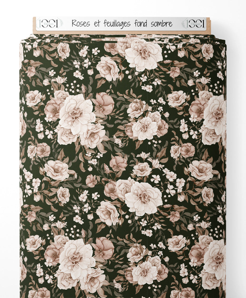 Tissu - Roses et feuillages sur fond sombre