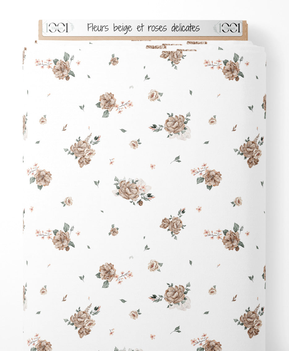 Tissu - Fleurs beige et roses délicates