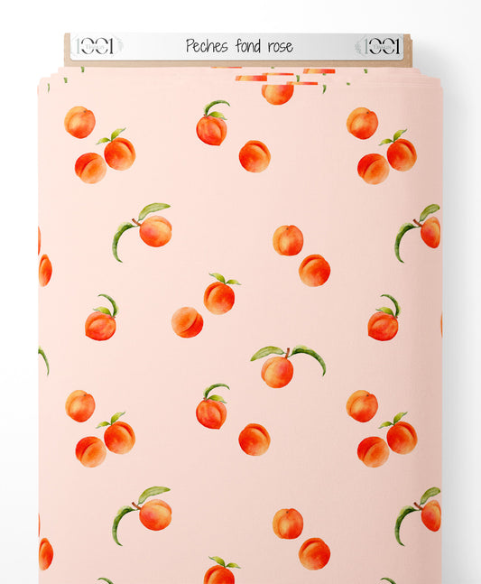 Tissu - Pêches sur fond rose