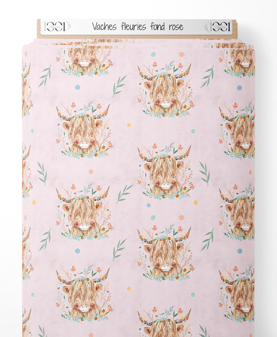 Tissu - Vaches fleuries sur fond rose