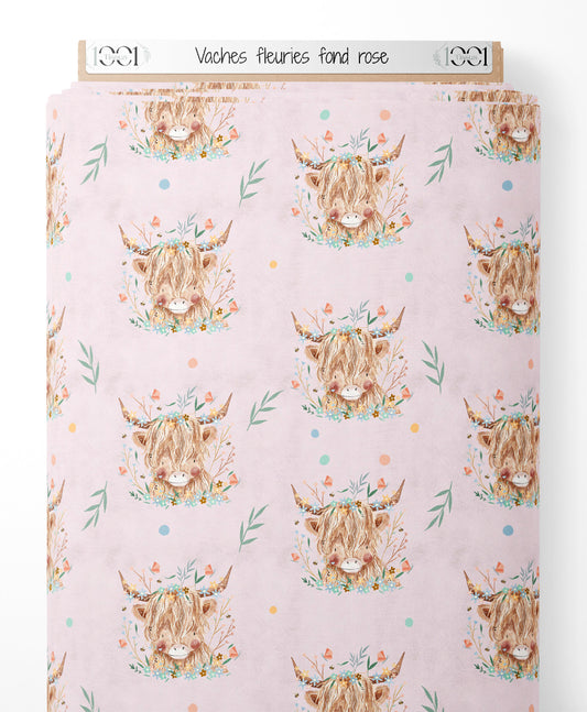 Tissu - Vaches fleuries sur fond rose