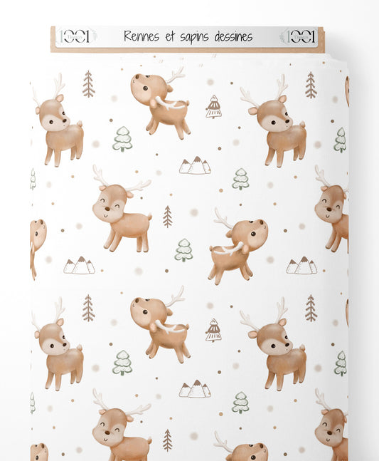 Tissu - Rennes et sapins dessinés