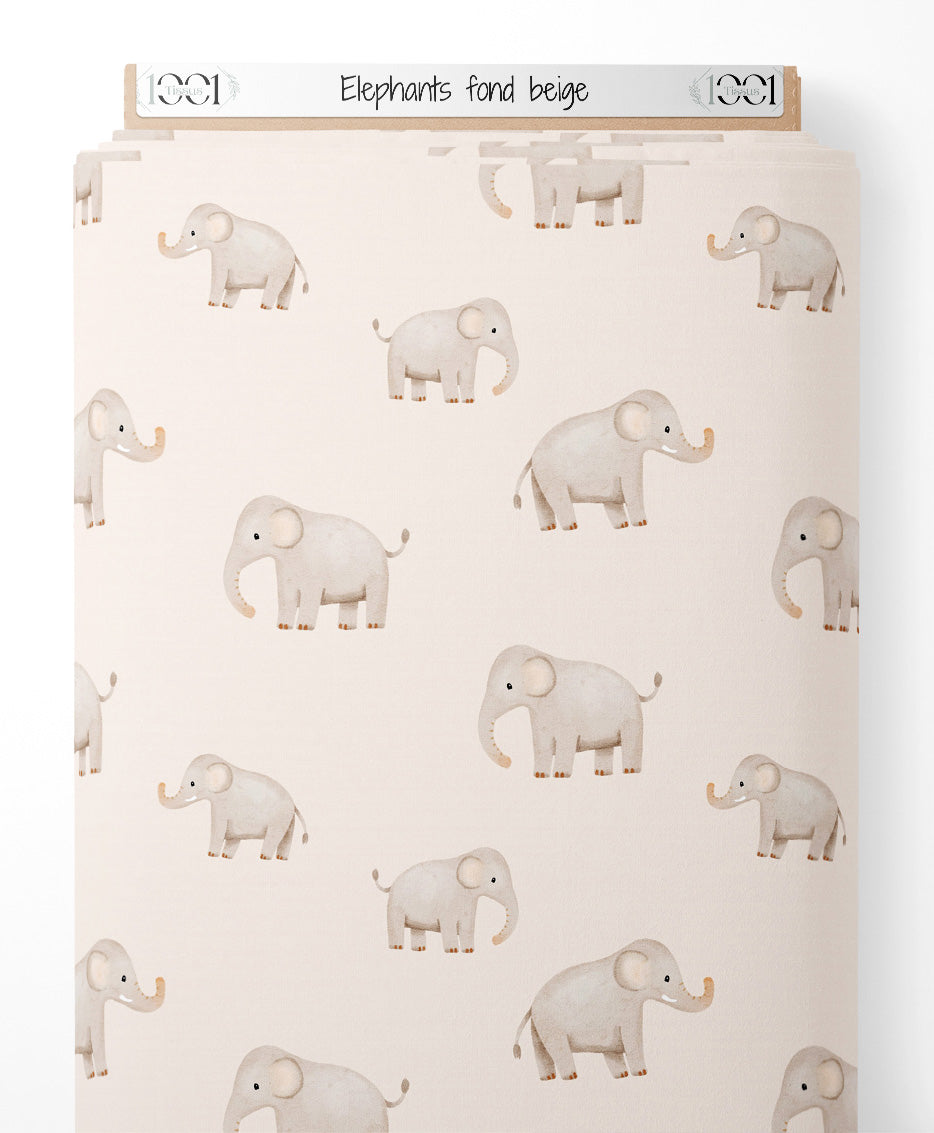 Tissu - Éléphants sur fond beige