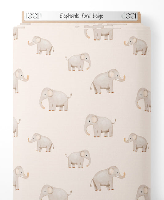 Tissu - Éléphants sur fond beige