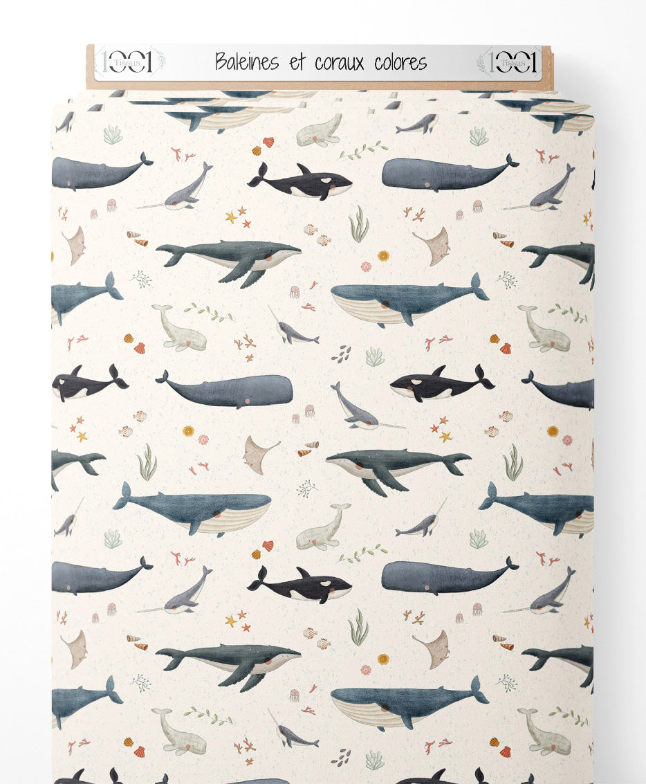 Tissu - Baleines et coraux colorés