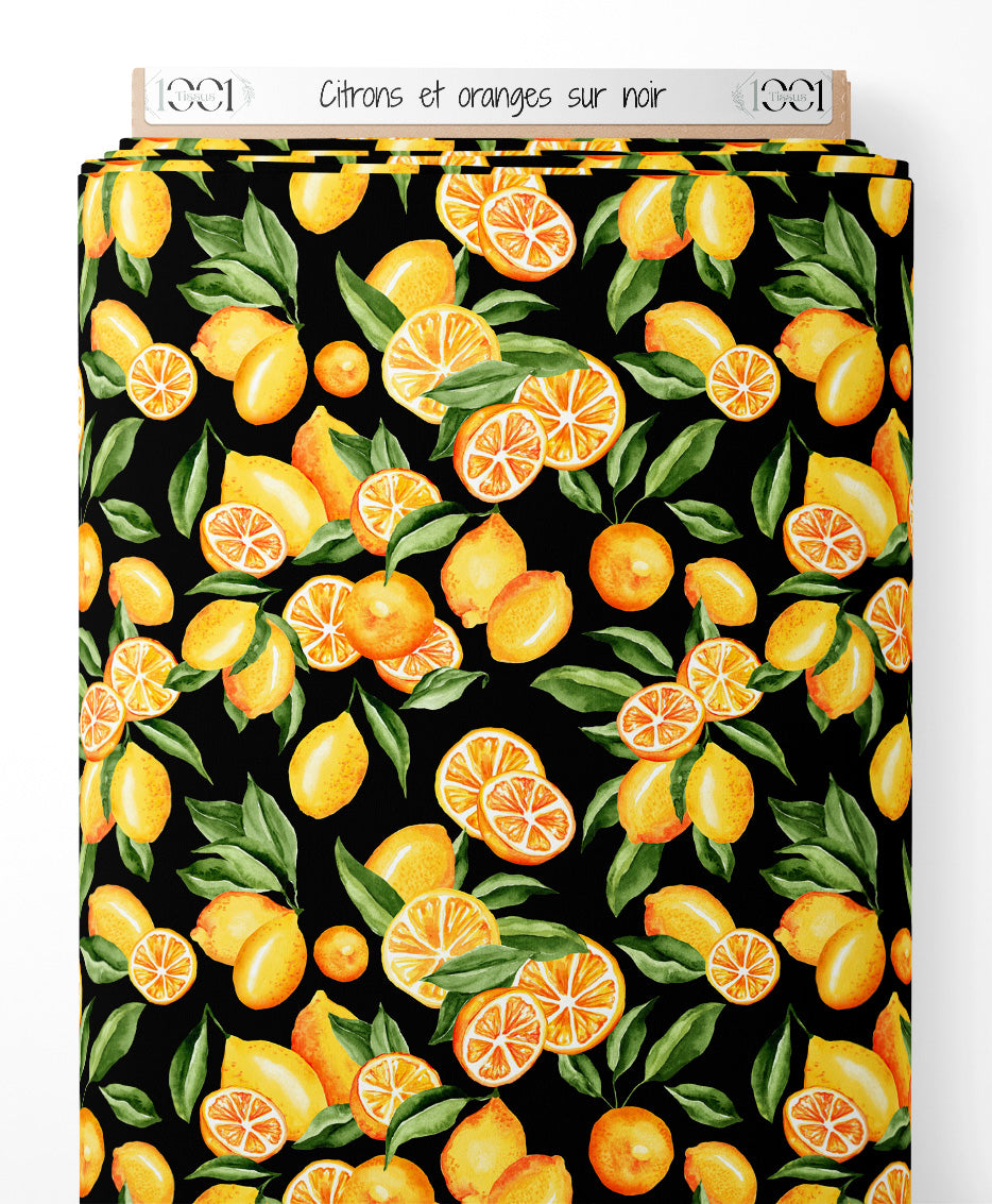 Tissu - Citrons et oranges sur noir