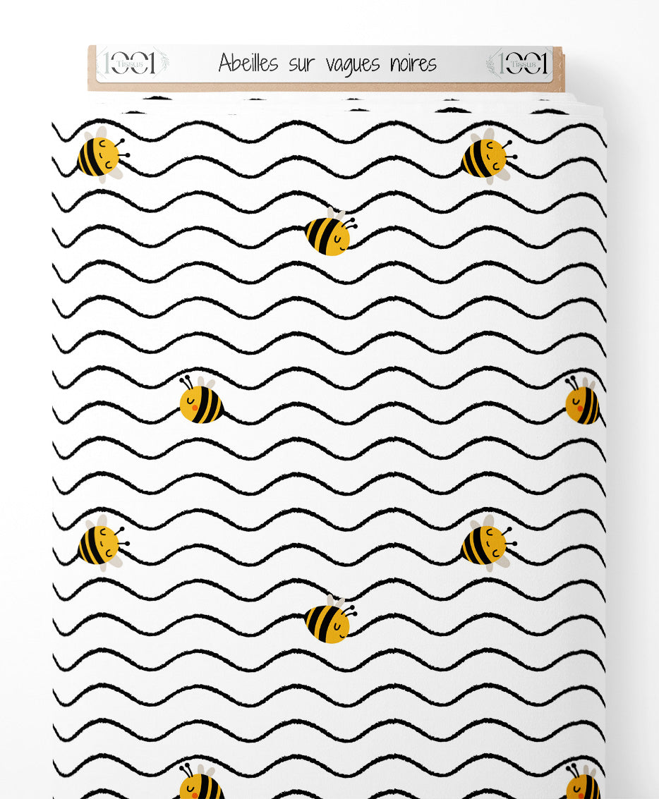Tissu - Abeilles sur vagues noires