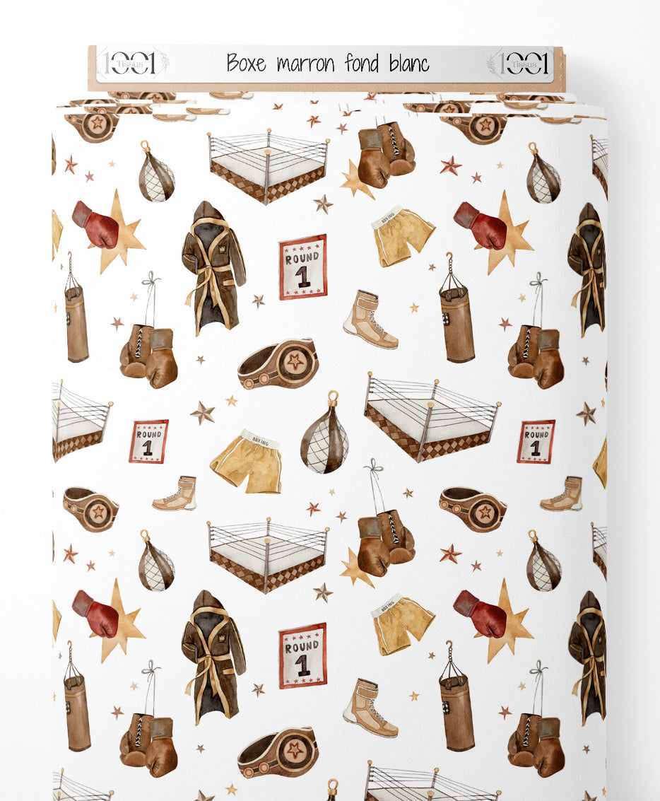 Tissu - Boxe marron sur fond blanc