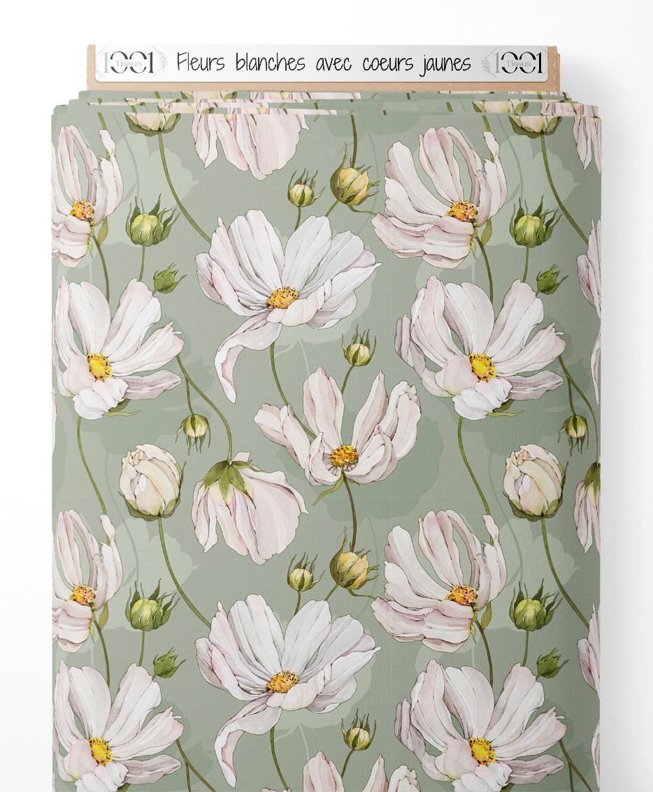 Tissu - Fleurs blanches avec cœurs jaunes