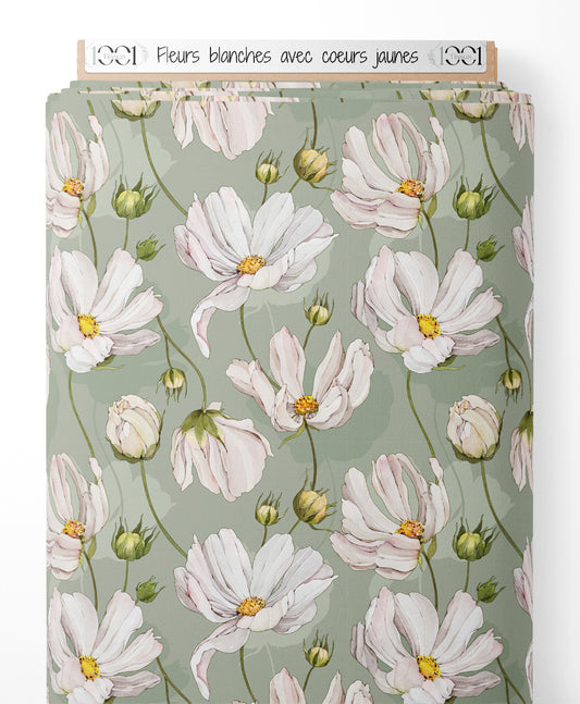 Tissu - Fleurs blanches avec cœurs jaunes