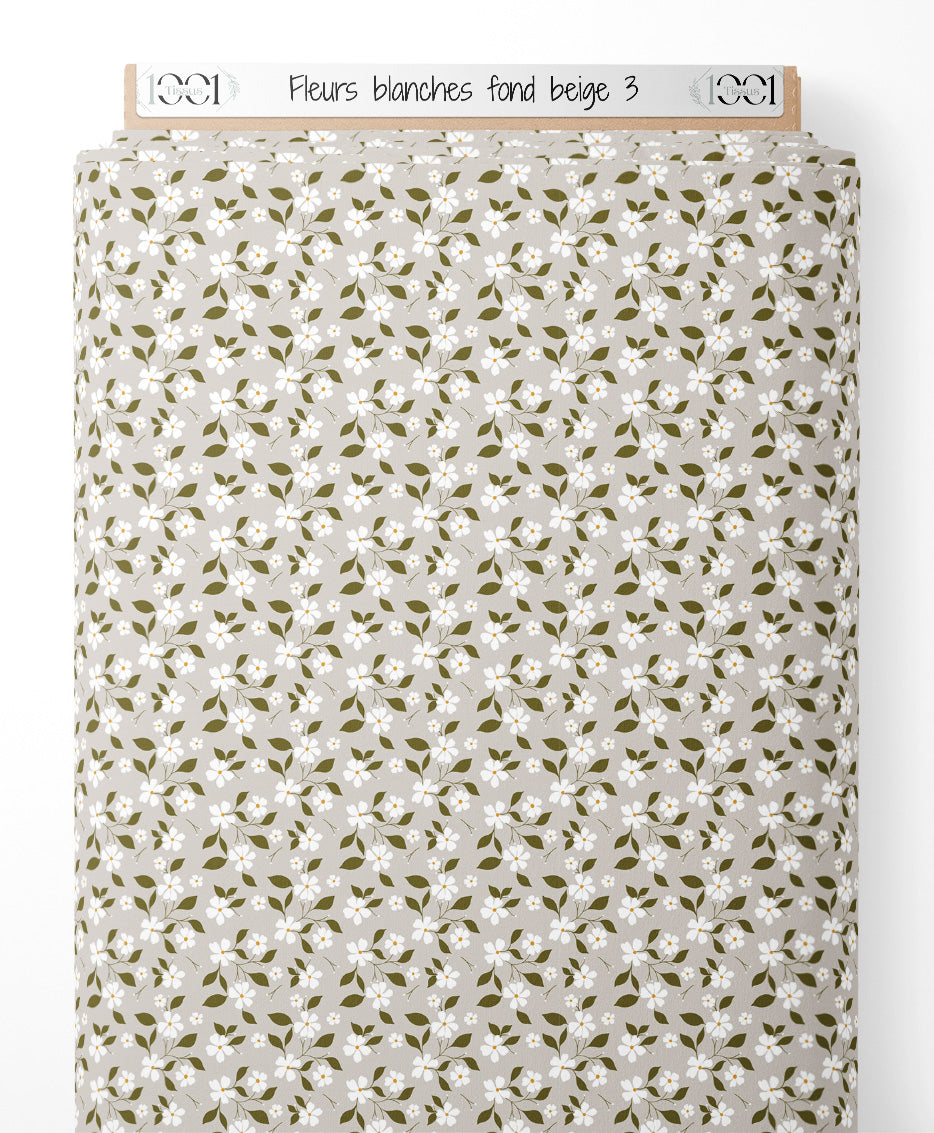 Tissu - Fleurs blanches sur fond beige 3