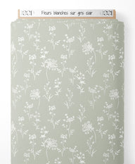 Tissu - Fleurs blanches sur gris clair