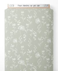 Tissu - Fleurs blanches sur gris clair