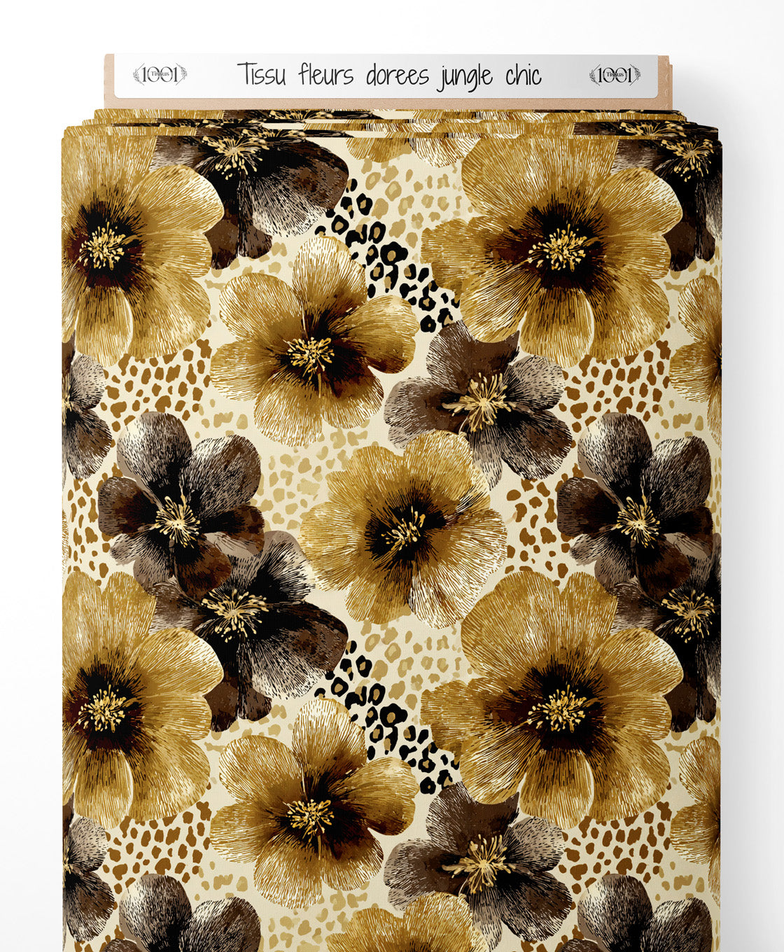 Tissu - fleurs dorees jungle chic
