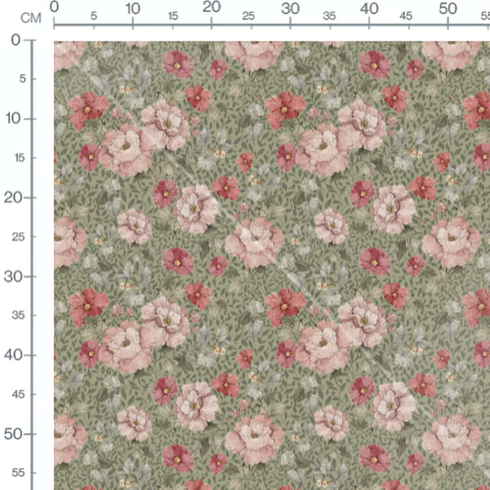 Tissu - Fleurs roses et rouges sur vert