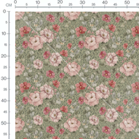 Tissu - Fleurs roses et rouges sur vert