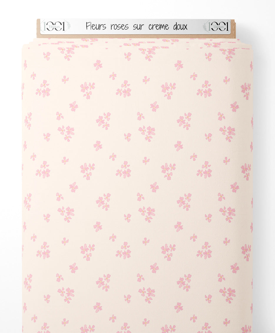 Tissu - Fleurs roses sur crème doux