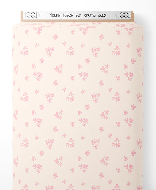 Tissu - Fleurs roses sur crème doux