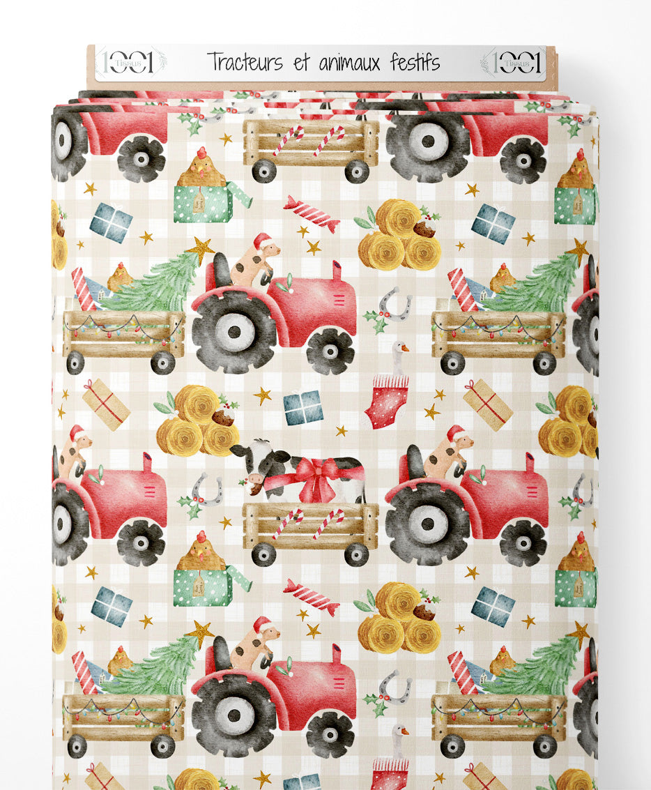 Tissu - Tracteurs et animaux festifs