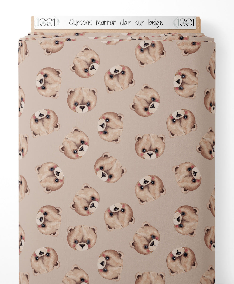 Tissu - Oursons marron clair sur beige