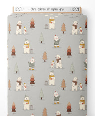 Tissu - Ours colorés et sapins gris