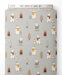 Tissu - Ours colorés et sapins gris