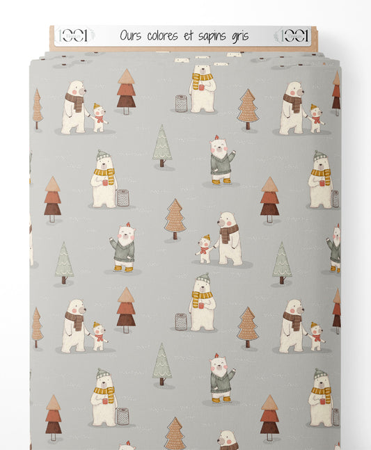 Tissu - Ours colorés et sapins gris