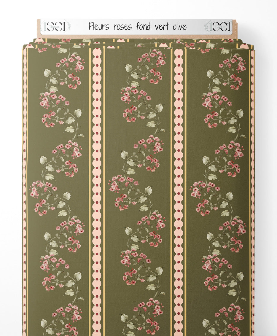 Tissu - Fleurs roses sur fond vert olive