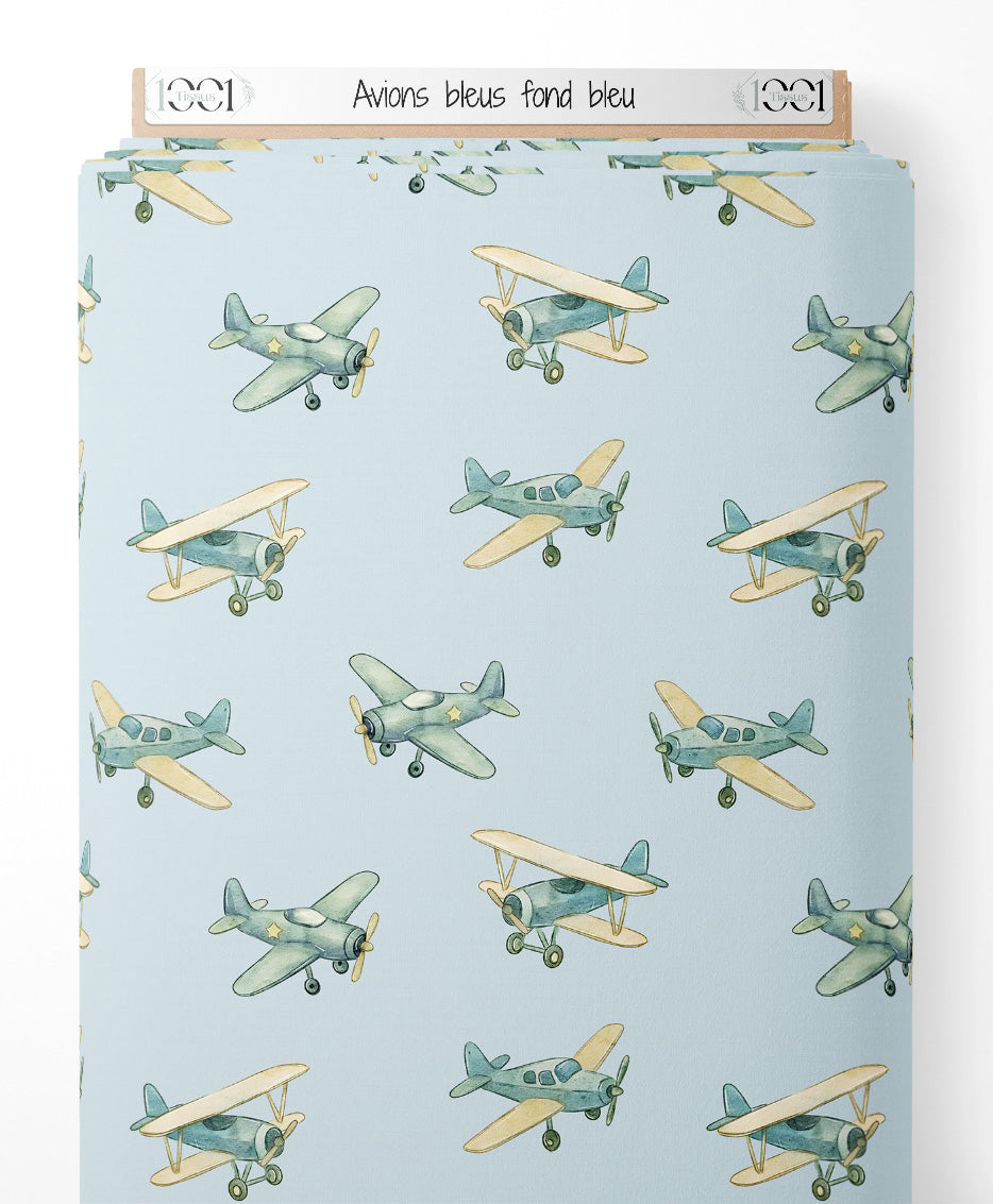 Tissu - Avions bleus sur fond bleu