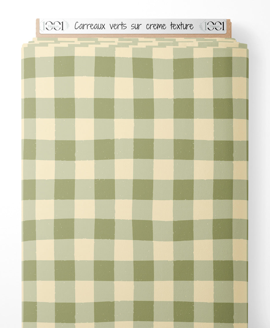 Tissu - Carreaux verts sur crème texturé