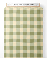 Tissu - Carreaux verts sur crème texturé