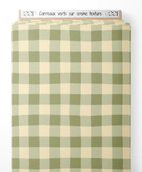 Tissu - Carreaux verts sur crème texturé