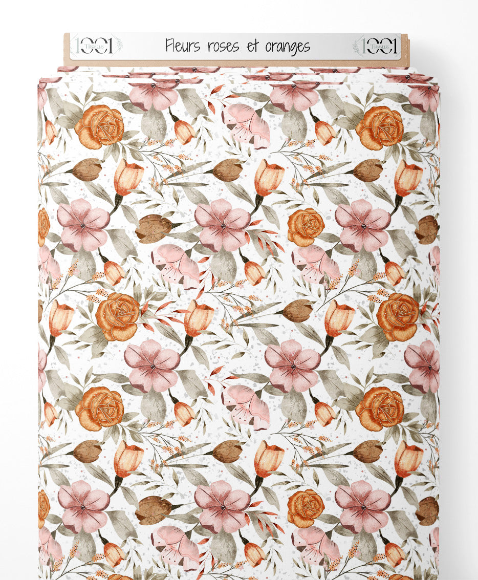 Tissu - Fleurs roses et oranges