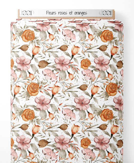 Tissu - Fleurs roses et oranges