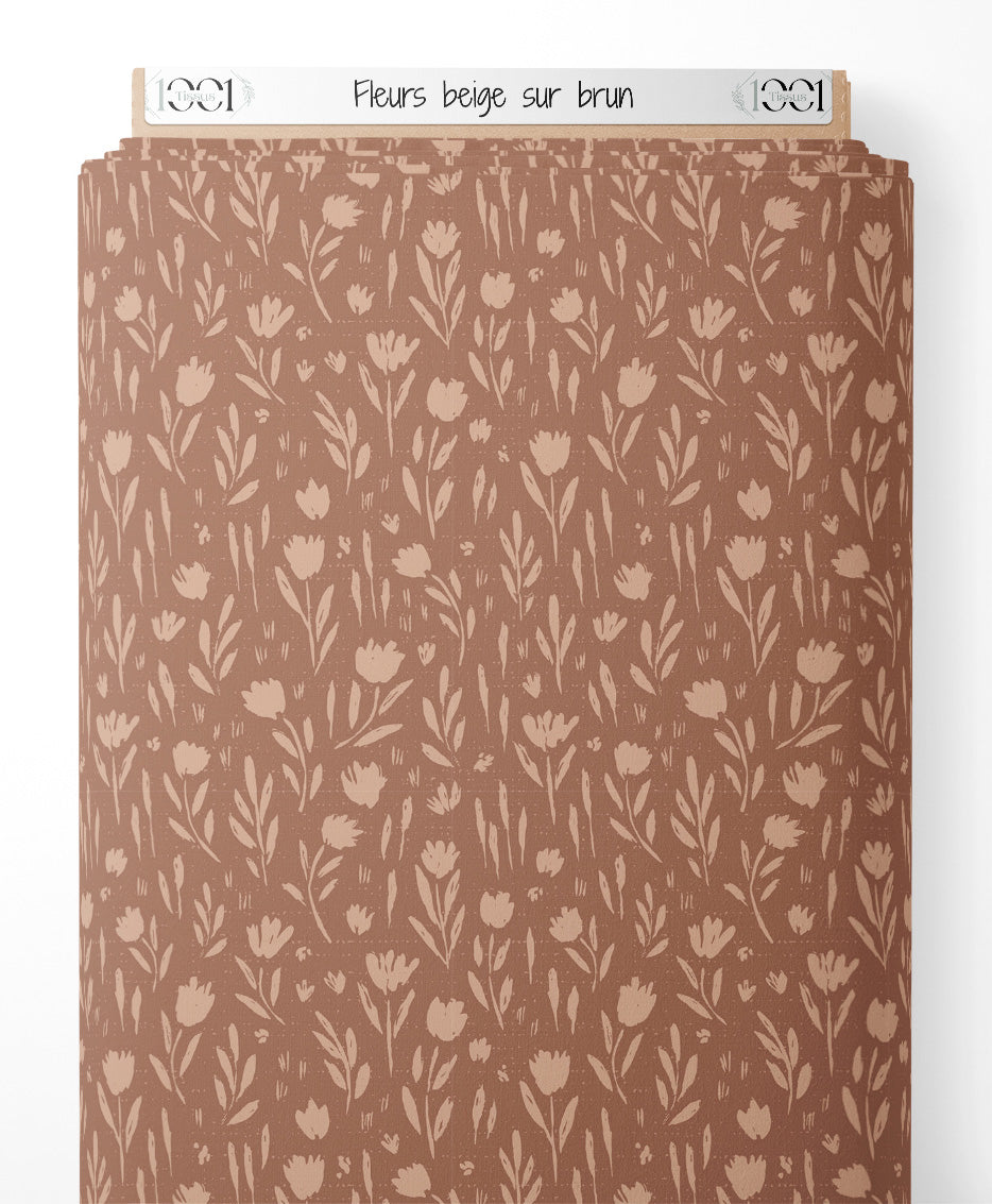 Tissu - Fleurs beige sur brun