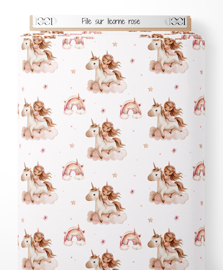 Tissu - Fille sur licorne rose