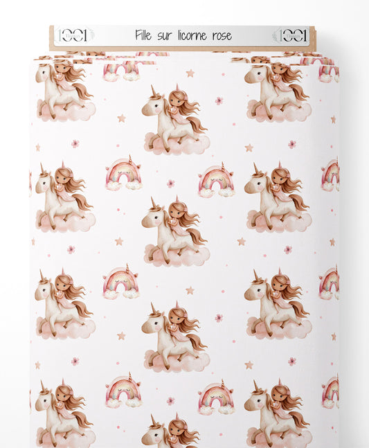 Tissu - Fille sur licorne rose