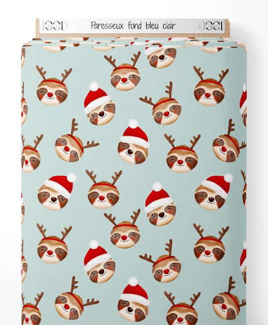 Tissu - Paresseux sur fond bleu clair