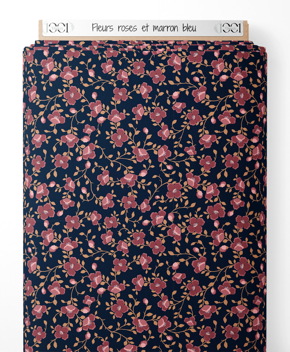 Tissu - Fleurs roses et marron bleu