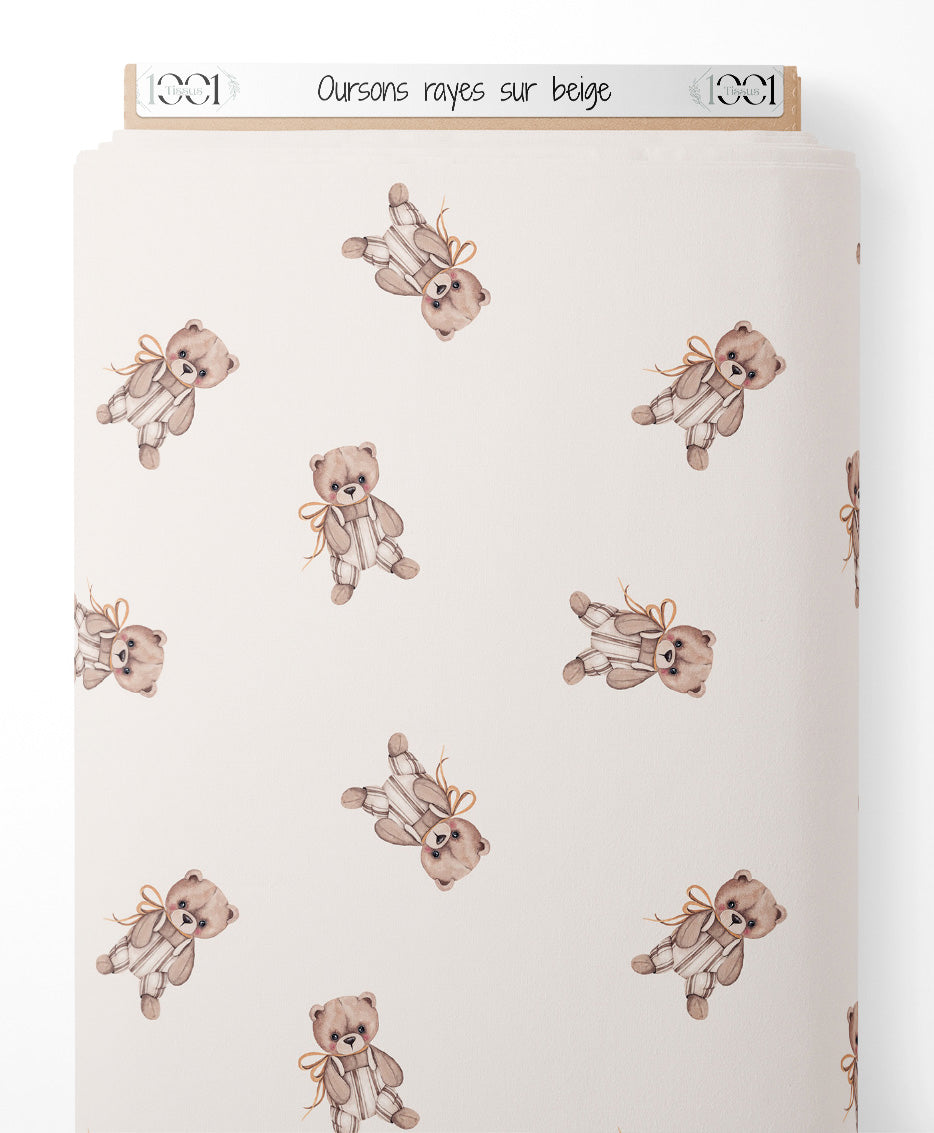 Tissu - Oursons rayés sur beige