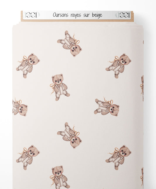 Tissu - Oursons rayés sur beige