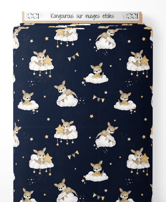 Tissu - Kangourous sur nuages étoilés