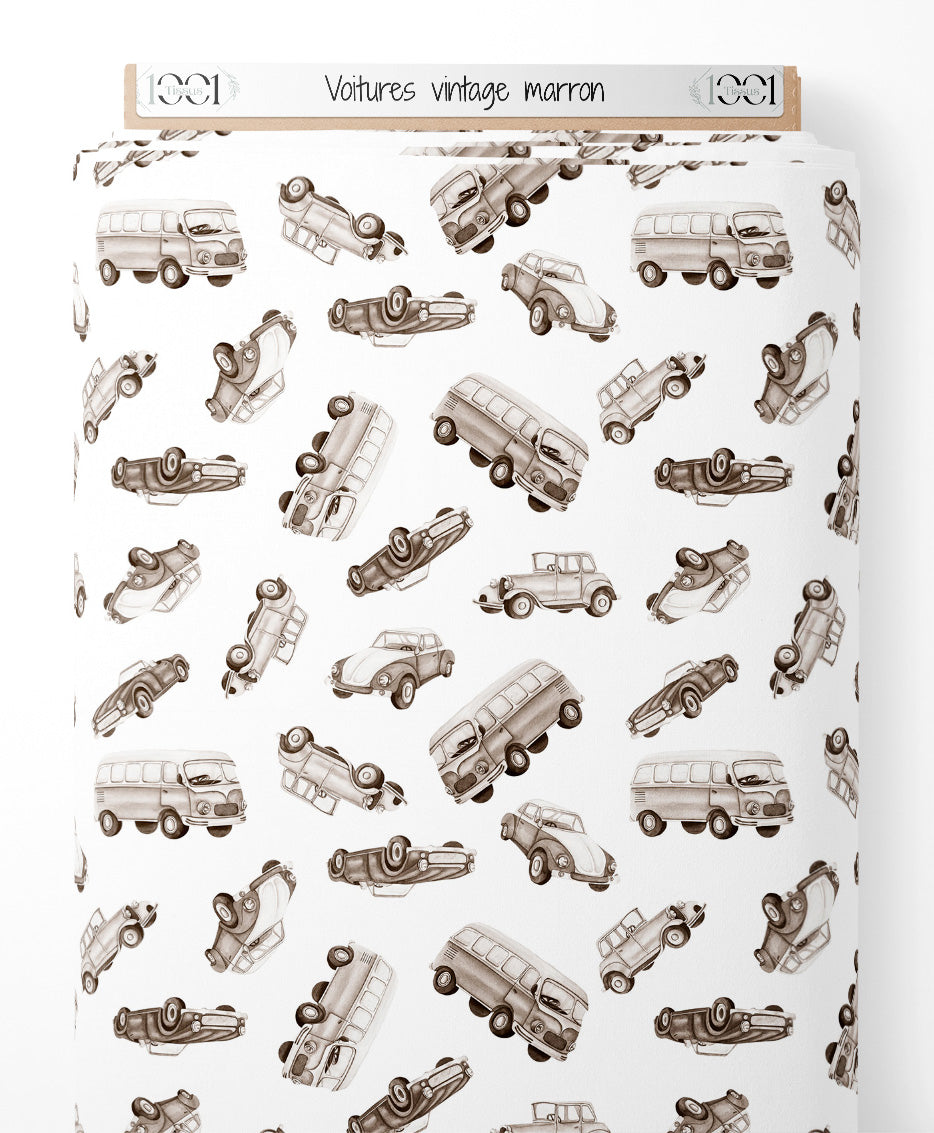 Tissu - Voitures vintage marron