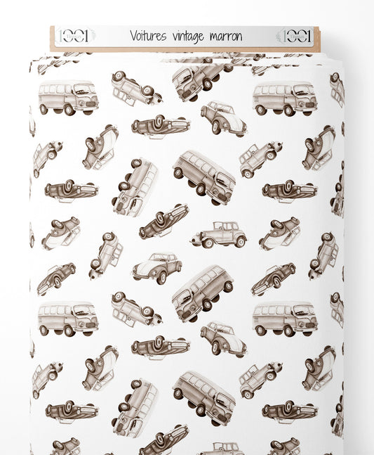 Tissu - Voitures vintage marron