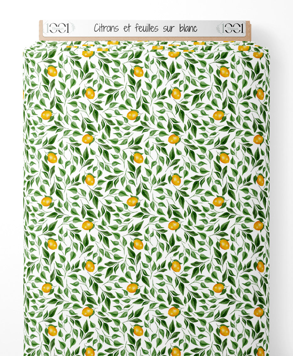 Tissu - Citrons et feuilles sur blanc