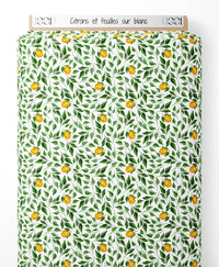 Tissu - Citrons et feuilles sur blanc